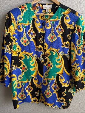 Adrianna Papell Vintage 80’s 100% Silk Button Up Blouse Multicolor Baroque